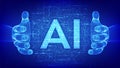 AI. Artificial intelligence. Letters AI made with binary code in wireframe hands. Binary data and streaming digital code Royalty Free Stock Photo