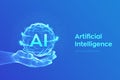 AI. Artificial Intelligence Logo in hand. Artificial Intelligence and Machine Learning Concept. Sphere grid wave with binary code Royalty Free Stock Photo