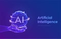 AI. Artificial Intelligence Logo in hand. Artificial Intelligence and Machine Learning Concept. Sphere grid wave with binary code Royalty Free Stock Photo