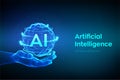 AI. Artificial Intelligence Logo in hand. Artificial Intelligence and Machine Learning Concept. Sphere grid wave with binary code Royalty Free Stock Photo