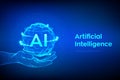 AI. Artificial Intelligence Logo in hand. Artificial Intelligence and Machine Learning Concept. Sphere grid wave with binary code Royalty Free Stock Photo