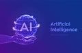 AI. Artificial Intelligence Logo in hand. Artificial Intelligence and Machine Learning Concept. Sphere grid wave with binary code Royalty Free Stock Photo