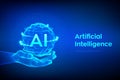 AI. Artificial Intelligence Logo in hand. Artificial Intelligence and Machine Learning Concept. Sphere grid wave with binary code Royalty Free Stock Photo