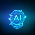 AI. Artificial Intelligence Logo in hand. Artificial Intelligence and Machine Learning Concept. Sphere grid wave with binary code Royalty Free Stock Photo