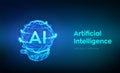 AI. Artificial Intelligence Logo in hand. Artificial Intelligence and Machine Learning Concept. Sphere grid wave with binary code Royalty Free Stock Photo