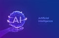 AI. Artificial Intelligence Logo in hand. Artificial Intelligence and Machine Learning Concept. Sphere grid wave with binary code Royalty Free Stock Photo