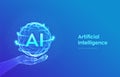 AI. Artificial Intelligence Logo in hand. Artificial Intelligence and Machine Learning Concept. Sphere grid wave with binary code Royalty Free Stock Photo