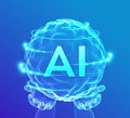 AI Artificial Intelligence Logo in hands. Artificial Intelligence and Machine Learning Concept. Sphere grid wave with binary code Royalty Free Stock Photo