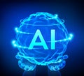 AI Artificial Intelligence Logo in hands. Artificial Intelligence and Machine Learning Concept. Sphere grid wave with binary code Royalty Free Stock Photo