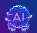 AI Artificial Intelligence Logo in hands. Artificial Intelligence and Machine Learning Concept. Sphere grid wave with binary code Royalty Free Stock Photo