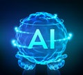 AI Artificial Intelligence Logo in hands. Artificial Intelligence and Machine Learning Concept. Sphere grid wave with binary code Royalty Free Stock Photo