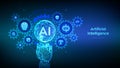 AI. Artificial Intelligence. Machine Learning Concept. Big data. Neural networks. Sphere grid wave. Wireframe hand touching