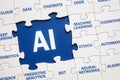 AI Artificial Intelligence solutions jigsaw puzzle and wordcloud Royalty Free Stock Photo
