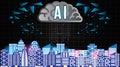 AI Artificial Intelligence technology background concept with brain and building smart city neural network thinks.Abstract