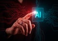 Ai Artificial Intelligence Technology Concept Showing a Human Hand Touching a Glowing Digital Interface with Circuit Board Lines Royalty Free Stock Photo