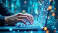 AI artificial intelligence technology to improve work efficiency data analysis, holographic display, hands typing on laptop Royalty Free Stock Photo