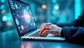 AI artificial intelligence technology to improve work efficiency data analysis, holographic display, hands typing on laptop Royalty Free Stock Photo