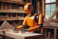 Orange humanoid robot do his job in a carpentry, handling pieces of wood