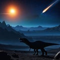 Ai artwork of the comet or meteorite that made the dinosaurs extinct flying into the atmosphere with dinosaur silhouettes on the