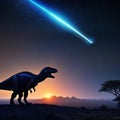 Ai artwork of the comet or meteorite that made the dinosaurs extinct flying into the atmosphere with dinosaur silhouettes on the