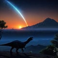Ai artwork of the comet or meteorite that made the dinosaurs extinct flying into the atmosphere with dinosaur silhouettes on the