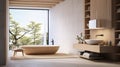 Asian Minimalism home interior bathroom, emphasizes simplicity, clean lines, low furniture, and natural materials