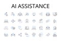 AI assistance line icons collection. Automated help, Digital support, Smart guidance, Virtual aid, Intelligent backing