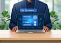 AI Assistant working on futuristic laptop interface. Person using AI tools on a modern laptop. Digital