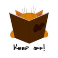 Keep off sign, a reading kitty, smart red cat reading a big book, busy reading Royalty Free Stock Photo