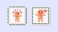 Christmas Gingerbread Man Cute Postal Mail Stamps Sticker Set Frame Design. Vector Illustration.