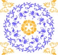 Tile wallpaper gift card with circular floral decoration in watercolor style