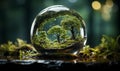 ai beautiful and real image of a glass ball with trees, waterfalls and grass