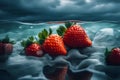 ai beautifully juxtaposes the dynamic vigor of a stormy sea with ripe, luscious strawberries