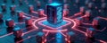 AI bots form protective barrier around central network server. Glowing digital lines illustrate data protection. Cybersecurity