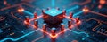 AI bots form protective barrier around central network server. Glowing digital lines illustrate data security, tech protection.