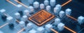 Ai bots form protective barrier around glowing network server. Digital lines illustrate data protection. Cybersecurity tech