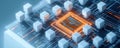 AI bots form protective barrier around network server. Glowing lines show data protection. Modern tech solution for cyber