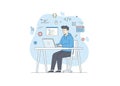 The image is a flat-style illustration depicting a male programmer or software engineer working diligently at a desk. The backgrou Royalty Free Stock Photo