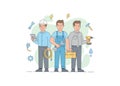 A group of three skilled workers or handymen, representing various technical and trade professions. A team concept that signifies Royalty Free Stock Photo