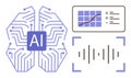 Artificial Intelligence Brain with Circuitry, Data Analytics Dashboard, and Audio Wave Representation Royalty Free Stock Photo