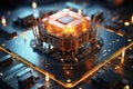 AI brain integrated with a motherboard, creating a neural network that emulates the human brain. This visual concept symbolizes