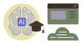 Artificial Intelligence Learning Concept with Neural Network, Graduation Cap, and Technology Elements Royalty Free Stock Photo