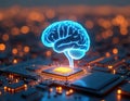 AI brain over computer chip CPU. Artificial intelligence concept. Tech, science background for data processing, machine learning, Royalty Free Stock Photo