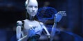 AI Brain and Robotics Interaction for Data Processing, Artificial Intelligence on Virtual Screen, Business and Technology Concept