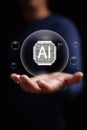 AI bubble concept. Hand holds artificial intelligence chip inside transparent bubbles. Artificial intelligence technology Royalty Free Stock Photo