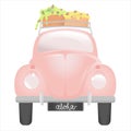 Beautiful pink retro car with a basket of flowers on the roof. Vector illustration of a car for a girl.