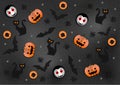 Festive halloween monsters white vampires with red eyes and teeth cat with orange eyes and a smile orange pumpkin with a smile bla Royalty Free Stock Photo