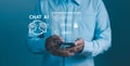Ai chat, artificial technology concept, business person user smartphone open chat with command prompt to generate new work online