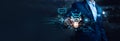 AI chat bot communicate and answer question to businessman with smart solution idea. Artificial Intelligence powered system