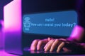 AI Chatbot assistant. Artificial intelligence robot chat with human. Close up shot of hands and laptop keyboard